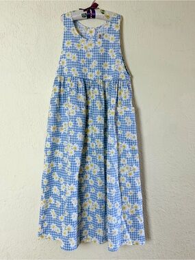 Vintage 1990s Storybook Heirlooms Girls 12 Years Blue Gingham Daisy Sun Dress